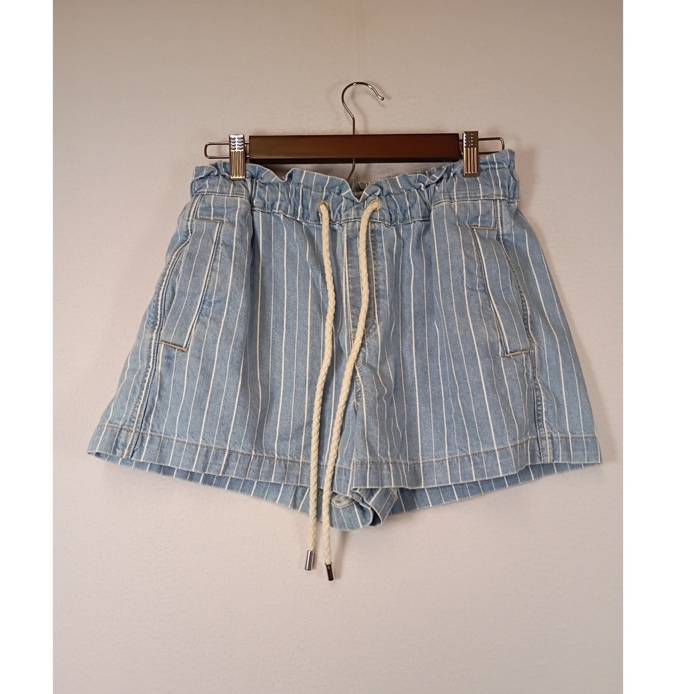 Coastal Nautical LOFT Women S Blue White Pinstripe Paperbag Waist Denim Shorts